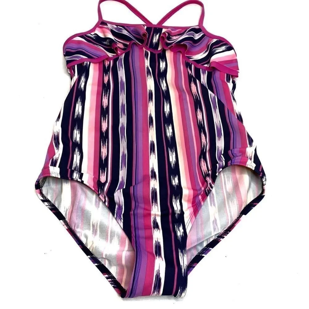 Lands End pink and purple vertical stripe one piece swimsuit size 12+